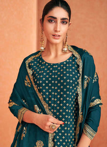 Teal and Gold Embroidered Sharara Style Suit fashionandstylish.myshopify.com