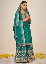 Load image into Gallery viewer, Teal and Gold Embroidered Sharara Style Suit

