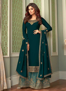 Teal and Gold Embroidered Sharara Style Suit fashionandstylish.myshopify.com