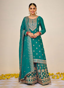 Teal and Gold Embroidered Sharara Style Suit