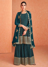 Load image into Gallery viewer, Teal and Gold Embroidered Sharara Style Suit fashionandstylish.myshopify.com
