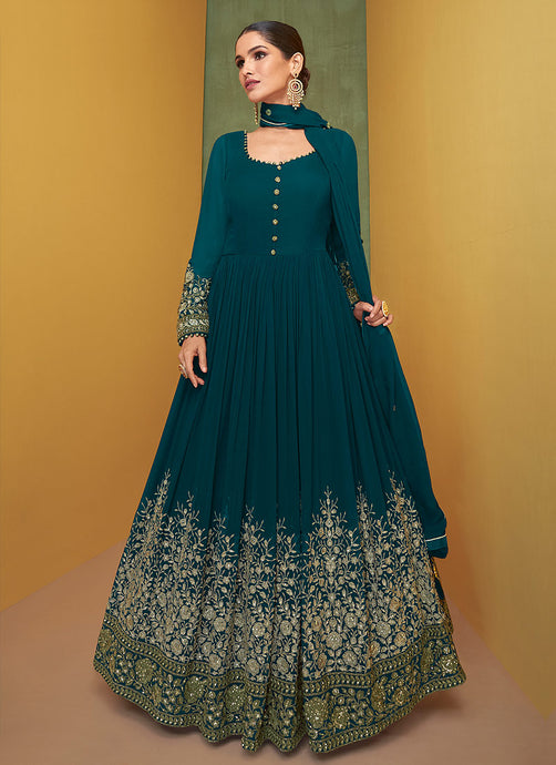 Teal and Gold Heavy Embroidered Anarkali Suit