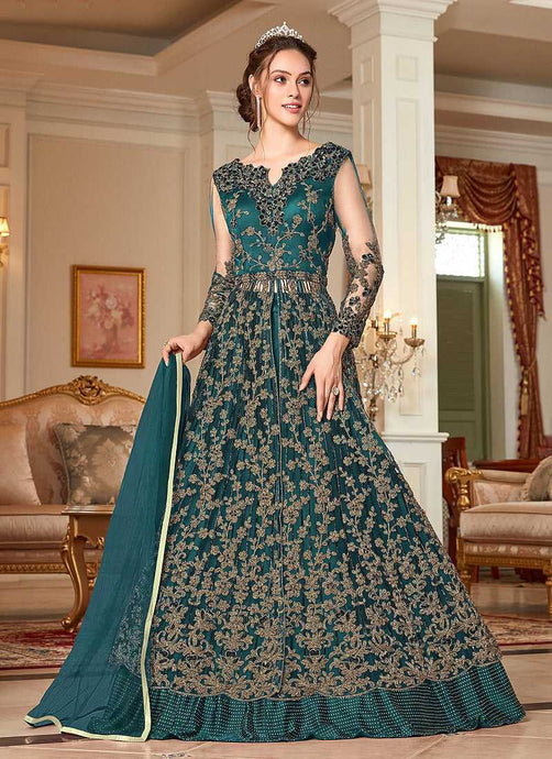 Teal and Gold Heavy Embroidered Lehenga/ Pant Style Anarkali fashionandstylish.myshopify.com