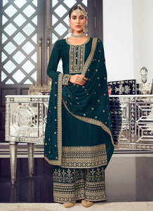 Teal and Gold Heavy Embroidered Stylish Palazzo Suit fashionandstylish.myshopify.com