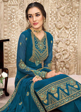 Load image into Gallery viewer, Teal and Gold Straight Cut Embroidered Pant Style Suit fashionandstylish.myshopify.com
