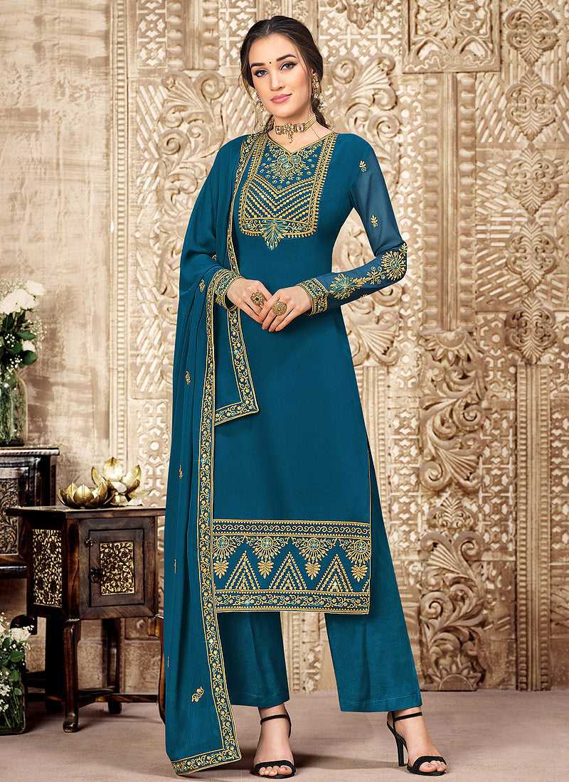 Teal and Gold Straight Cut Embroidered Pant Style Suit fashionandstylish.myshopify.com