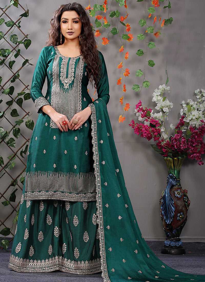 Teal and Silver Embroidered Stylish Palazzo Suit fashionandstylish.myshopify.com