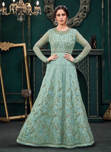 Turquoise Blue Heavy Embroidered Kalidar Anarkali Suit fashionandstylish.myshopify.com