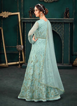 Load image into Gallery viewer, Turquoise Blue Heavy Embroidered Kalidar Anarkali Suit fashionandstylish.myshopify.com
