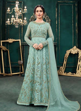 Load image into Gallery viewer, Turquoise Blue Heavy Embroidered Kalidar Anarkali Suit fashionandstylish.myshopify.com
