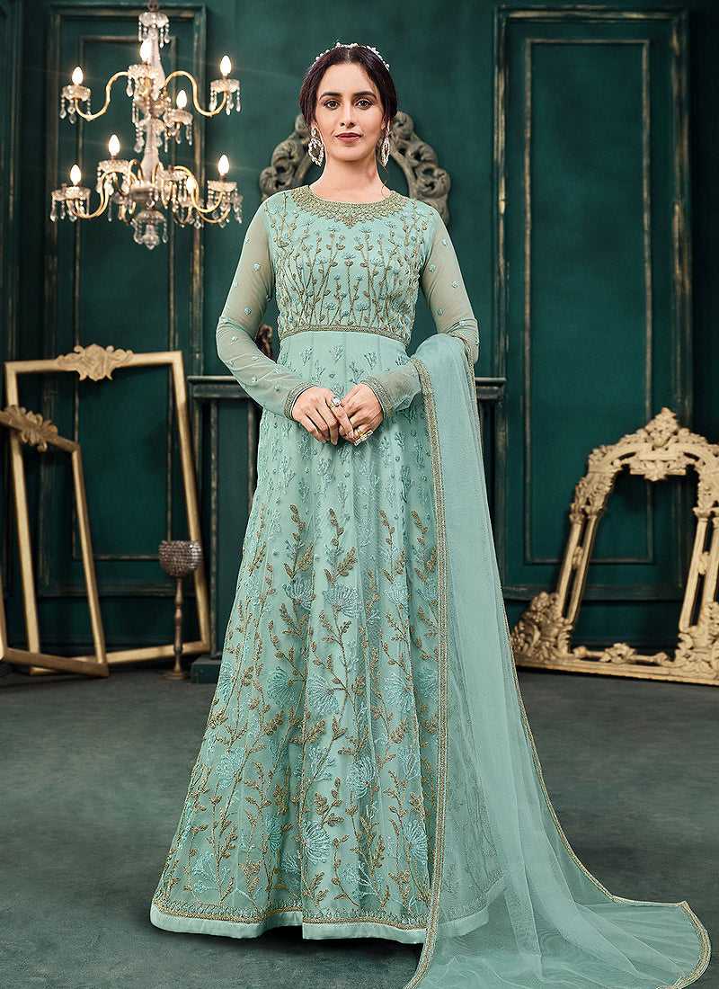Turquoise Blue Heavy Embroidered Kalidar Anarkali Suit fashionandstylish.myshopify.com