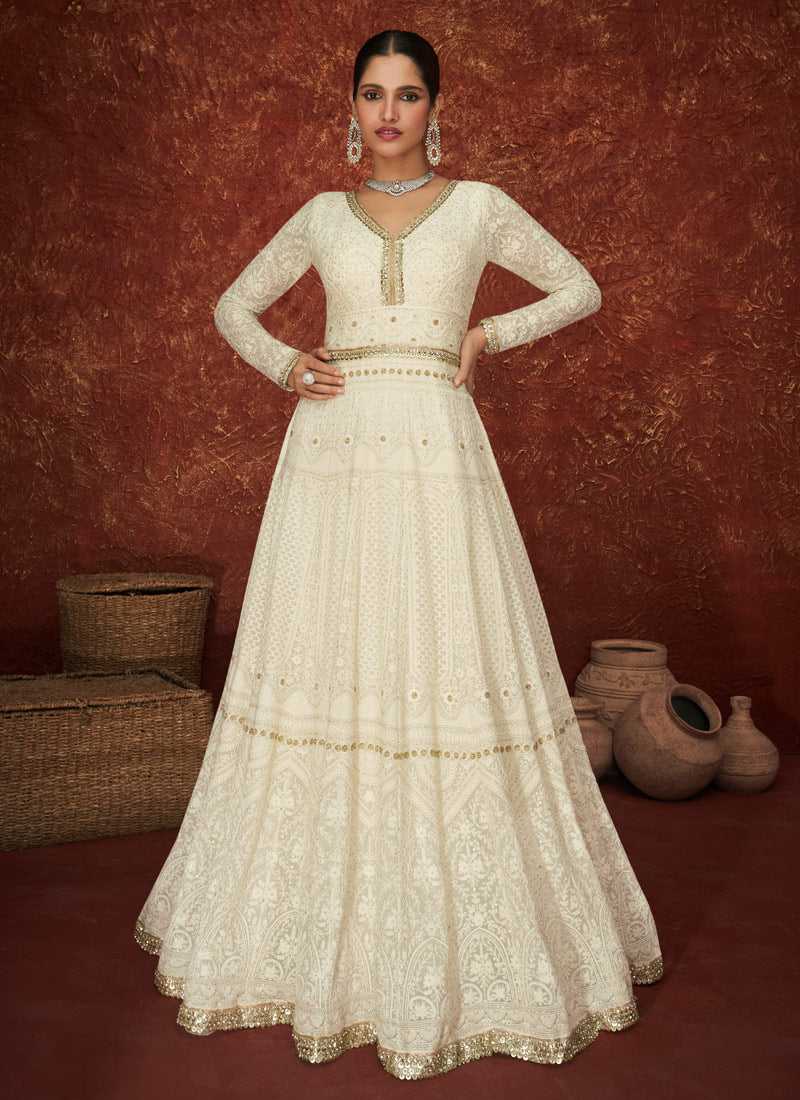 white and golden anarkali dress White Princess Anarkali in Golden Embroidery Suit Set