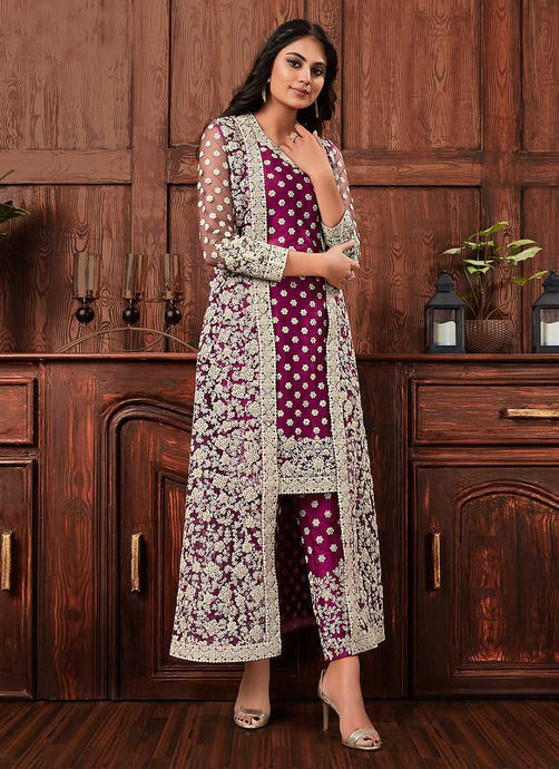 Wine Heavy Embroidered Jacket Style Salwar Suit fashionandstylish.myshopify.com