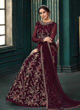 Load image into Gallery viewer, Wine Red Heavy Embroidered Kalidar Anarkali Style Suit fashionandstylish.myshopify.com
