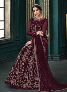 Wine Red Heavy Embroidered Kalidar Anarkali Style Suit fashionandstylish.myshopify.com