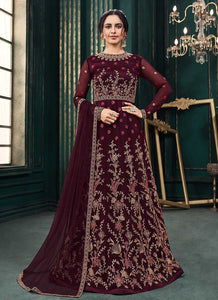 Wine Red Heavy Embroidered Kalidar Anarkali Style Suit fashionandstylish.myshopify.com