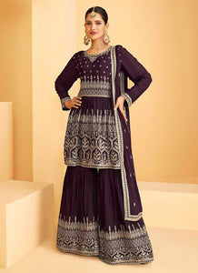 Wine and Gold Heavy Embroidered Sharara Style Suit fashionandstylish.myshopify.com