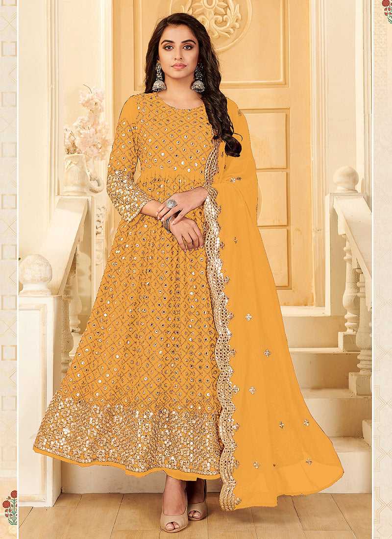 Yellow And Gold Mirror Embroidered Kalidar Gown Style Anarkali Fashneo Yellow And Gold Mirror Embroidered Kalidar Gown Style Anarkali Fashneo