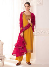 Load image into Gallery viewer, Yellow And Pink Embroidered Straight Pant Style Suit fashionandstylish.myshopify.com
