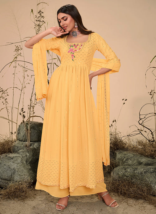 Yellow Color Embroidered Stylish Palazzo Suit