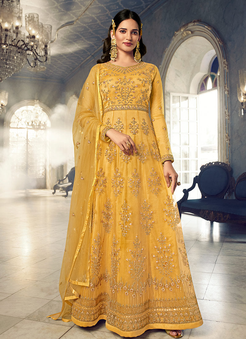 Yellow Floral Heavy Embroidered Gown Style Anarkali