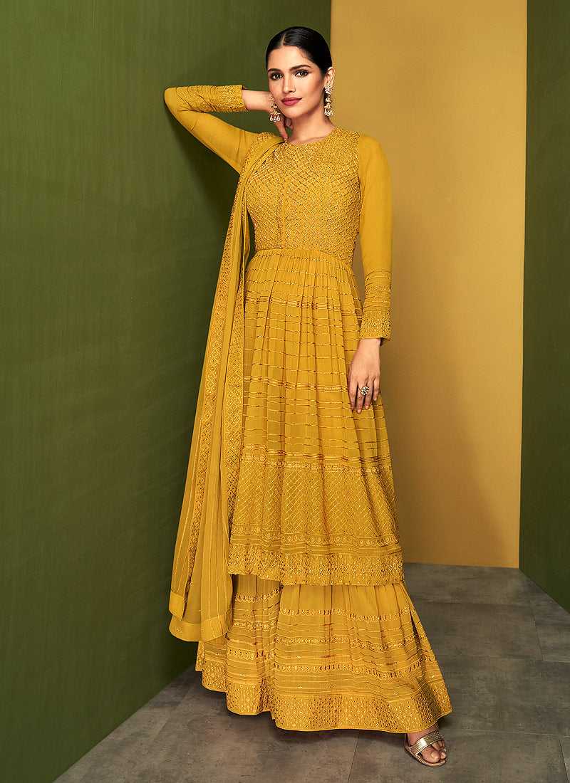 Yellow Gold Heavy Embroidered Designer Sharara Suit fashionandstylish.myshopify.com