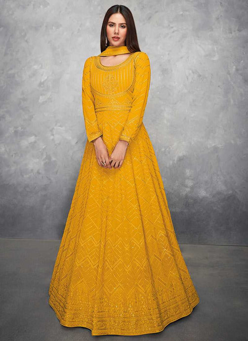 Yellow Gold Sequin Embroidered Floor touch Anarkali fashionandstylish.myshopify.com