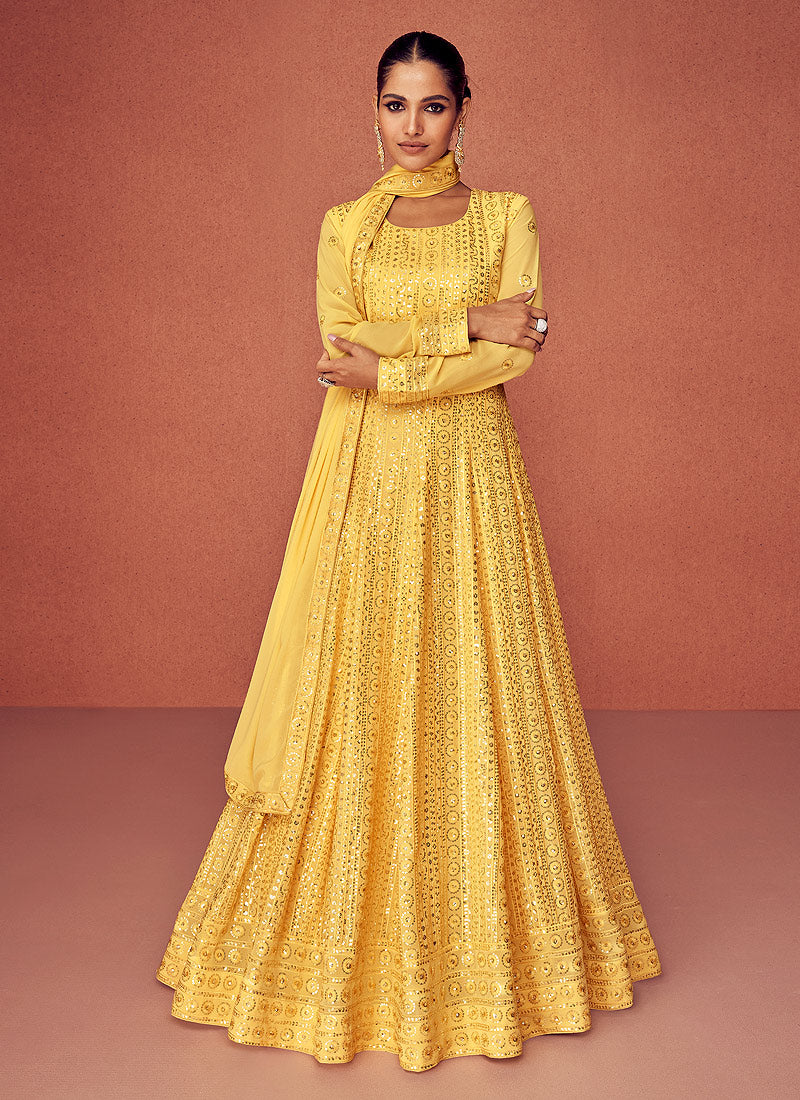 Yellow Golden Heavy Embroidered Floor touch Kalidar Anarkali Yellow / Thread / Georgette Yellow Golden Heavy Embroidered Floor touch Kalidar Anarkali Yellow / Thread / Georgette