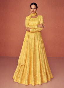 Yellow Golden Heavy Embroidered Floor touch Kalidar Anarkali