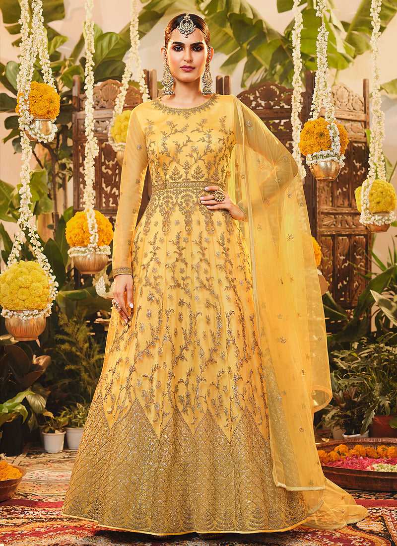 Yellow Heavy Embroidered Kalidar Anarkali fashionandstylish.myshopify.com