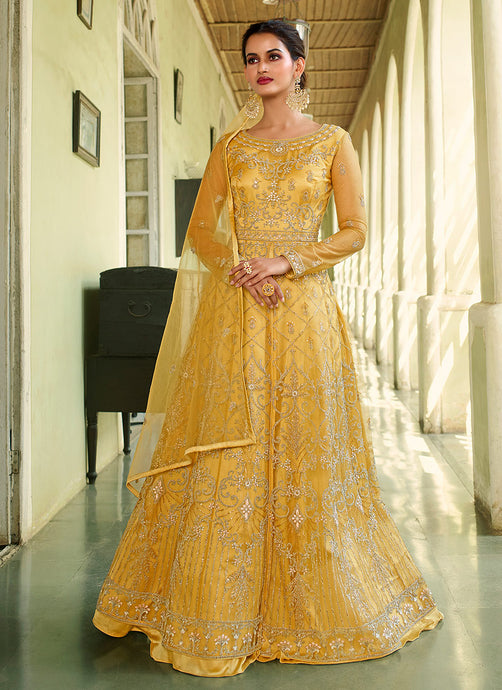 Yellow Heavy Embroidered Slit Style Anarkali