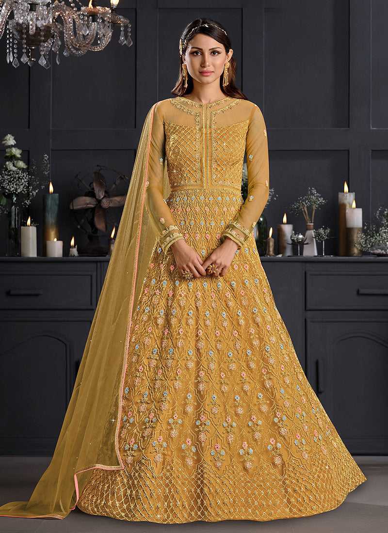 slim fit dress slacks Beige Gold Silk Anarkali set main image 1