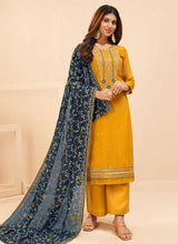 Load image into Gallery viewer, Yellow and Blue Embroidered Pant Style Suit fashionandstylish.myshopify.com
