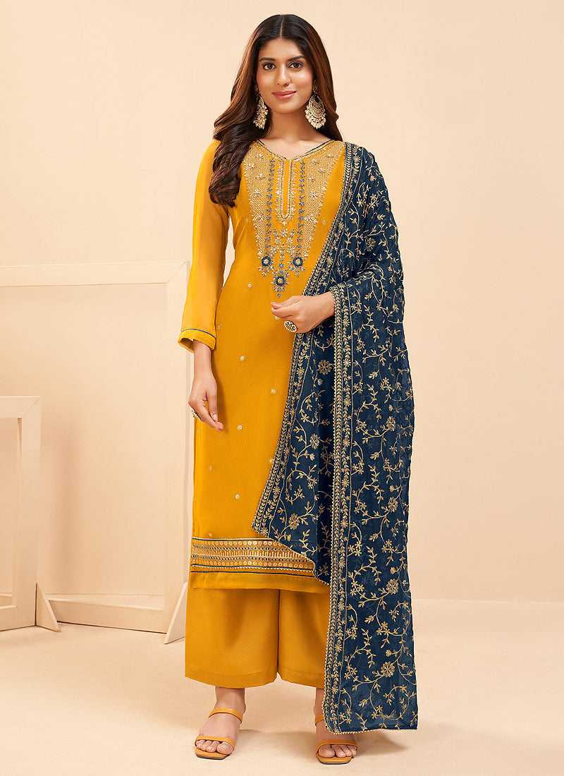 Yellow and Blue Embroidered Pant Style Suit fashionandstylish.myshopify.com