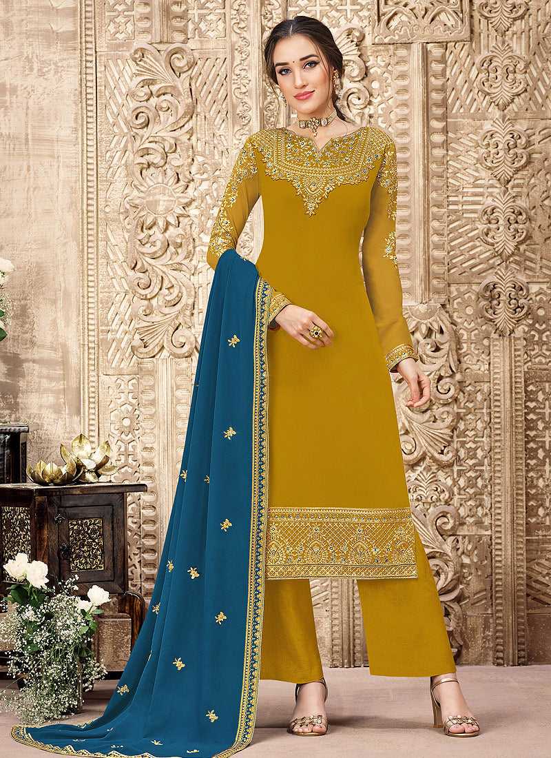 Yellow and Blue Straight Cut Embroidered Pant Style Suit fashionandstylish.myshopify.com