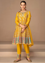 Load image into Gallery viewer, Yellow and Gold Embroidered Fashionable Pant Style Suit
