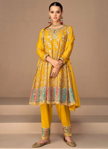 Yellow and Gold Embroidered Fashionable Pant Style Suit