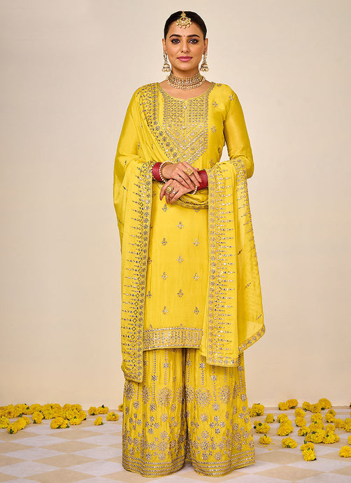 Yellow and Gold Embroidered Sharara Style Suit