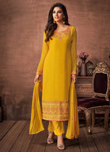 Load image into Gallery viewer, Yellow and Gold Embroidered Straight Pant Style Suit fashionandstylish.myshopify.com

