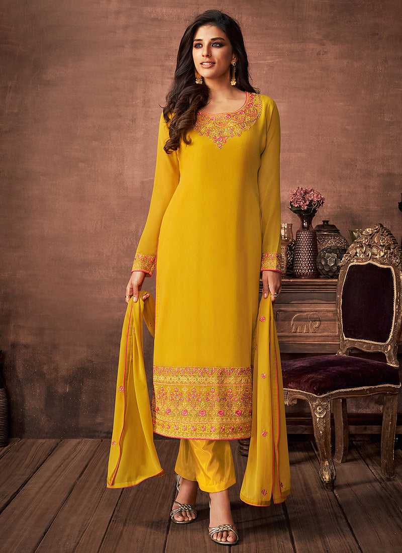Yellow and Gold Embroidered Straight Pant Style Suit fashionandstylish.myshopify.com