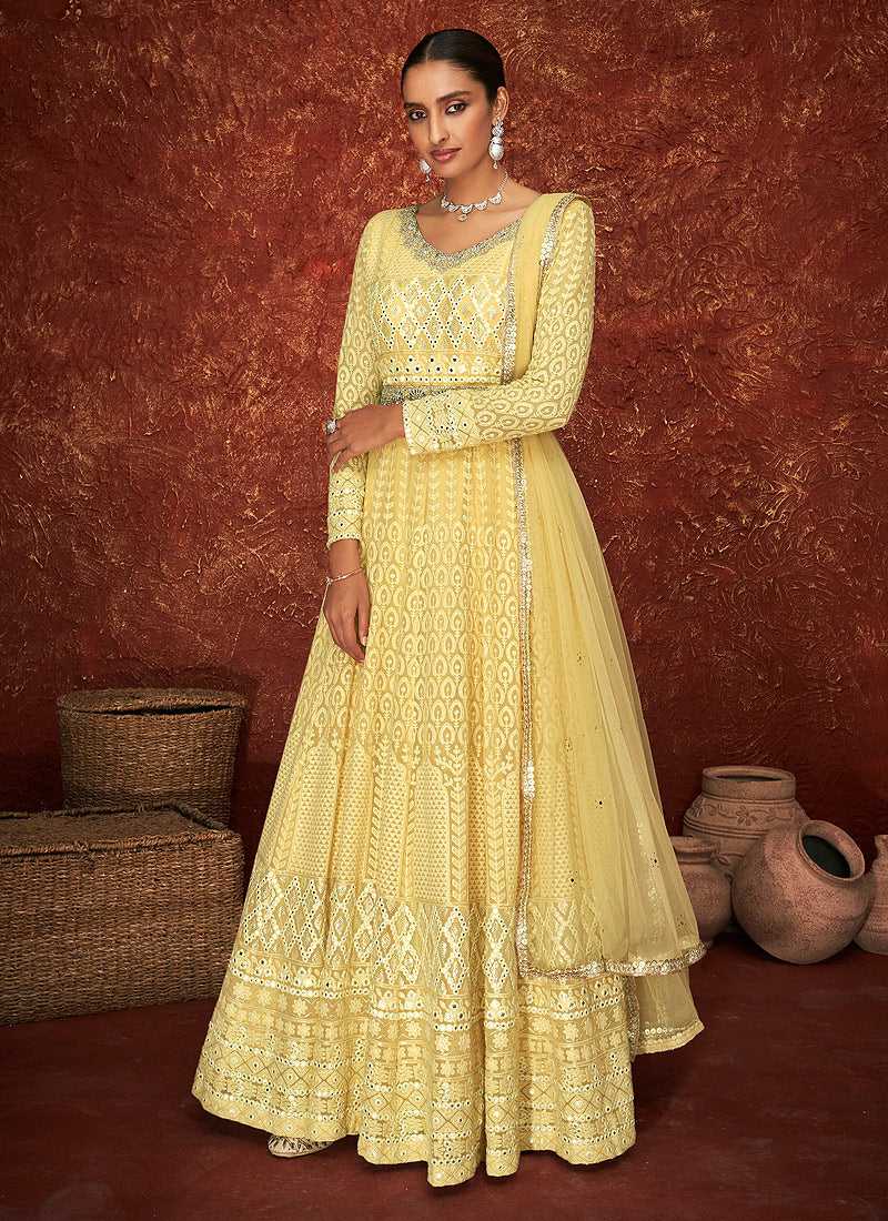 Yellow and Gold Gown Style Embroidered Anarkali Suit