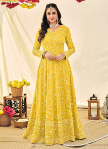 Yellow and Gold Heavy Embroidered Kalidar Anarkali fashionandstylish.myshopify.com