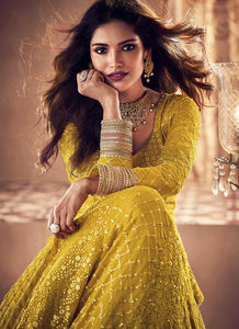 Yellow and Gold Heavy Embroidered Kalidar Gown Style Anarkali fashionandstylish.myshopify.com