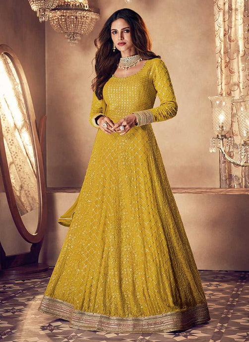 Yellow and Gold Heavy Embroidered Kalidar Gown Style Anarkali fashionandstylish.myshopify.com