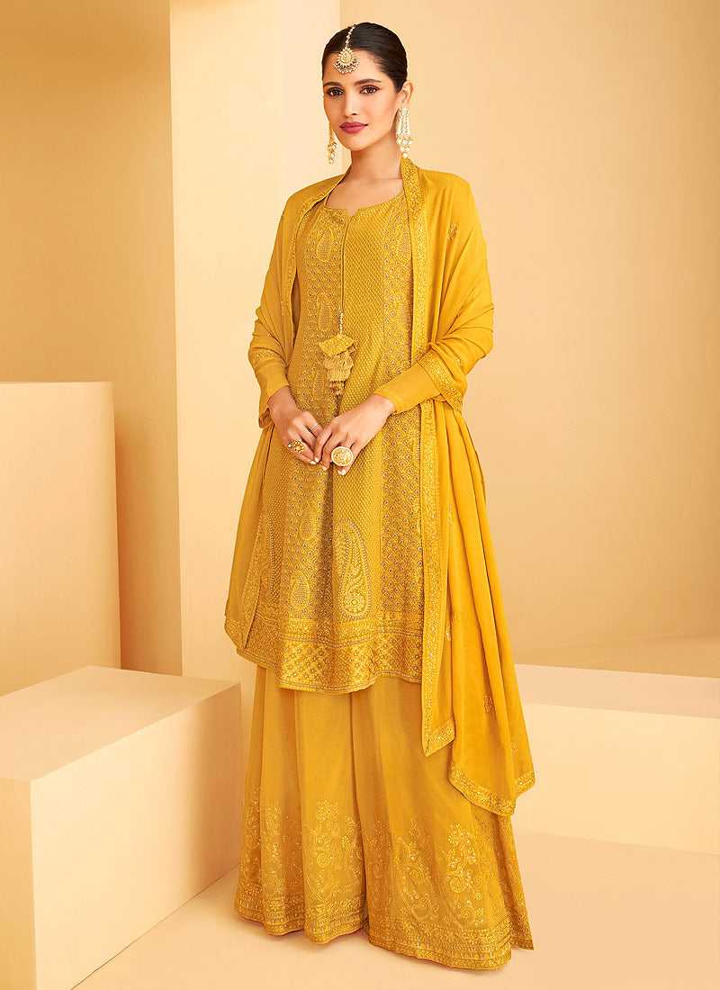 Yellow and Gold Heavy Embroidered Sharara Style Suit fashionandstylish.myshopify.com
