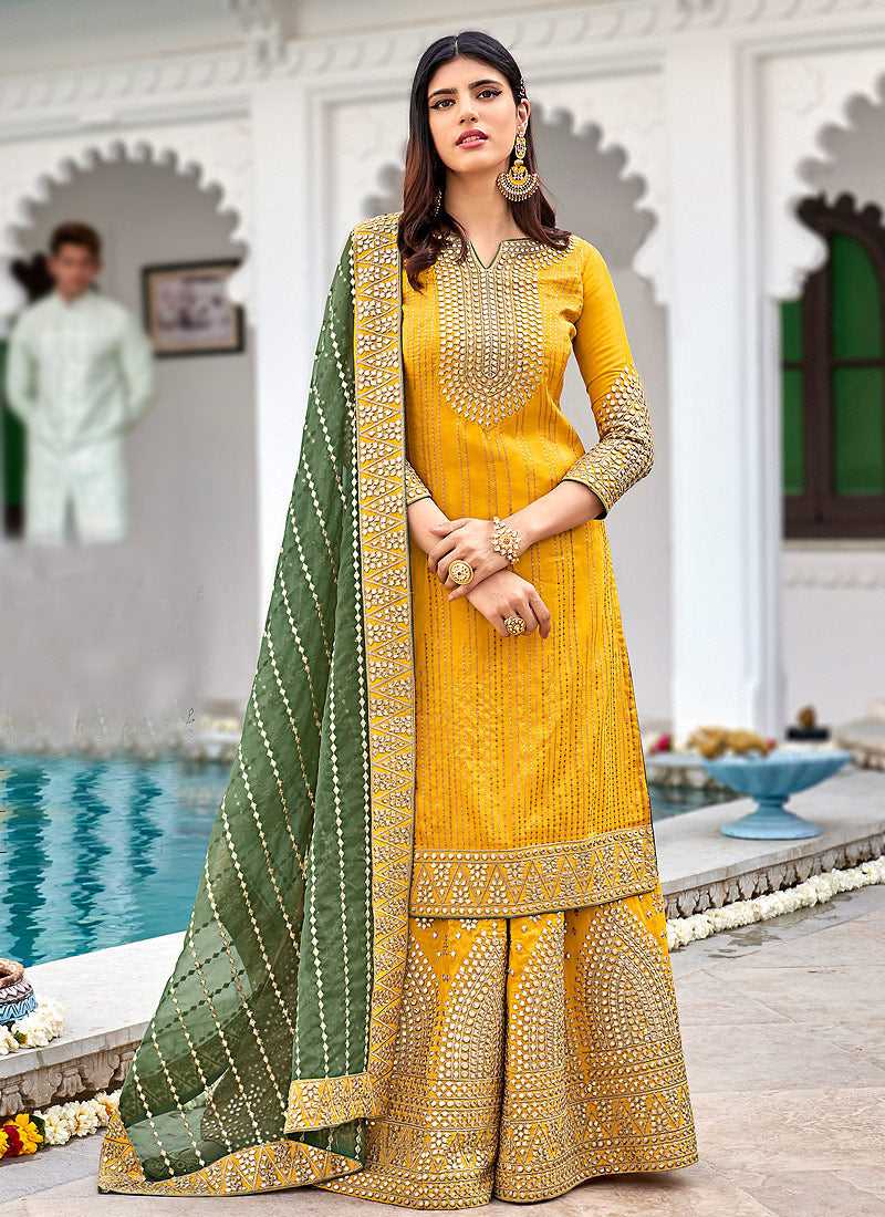 Yellow and Green Heavy Embroidered Palazzo Style Suit fashionandstylish.myshopify.com