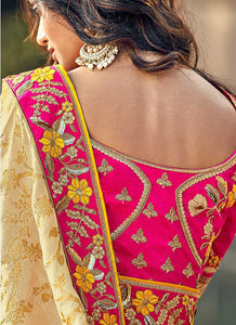 Dark Yellow and Pink Embroidered Bollywood Style Saree fashionandstylish.myshopify.com
