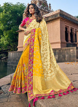 Load image into Gallery viewer, Dark Yellow and Pink Embroidered Bollywood Style Saree fashionandstylish.myshopify.com
