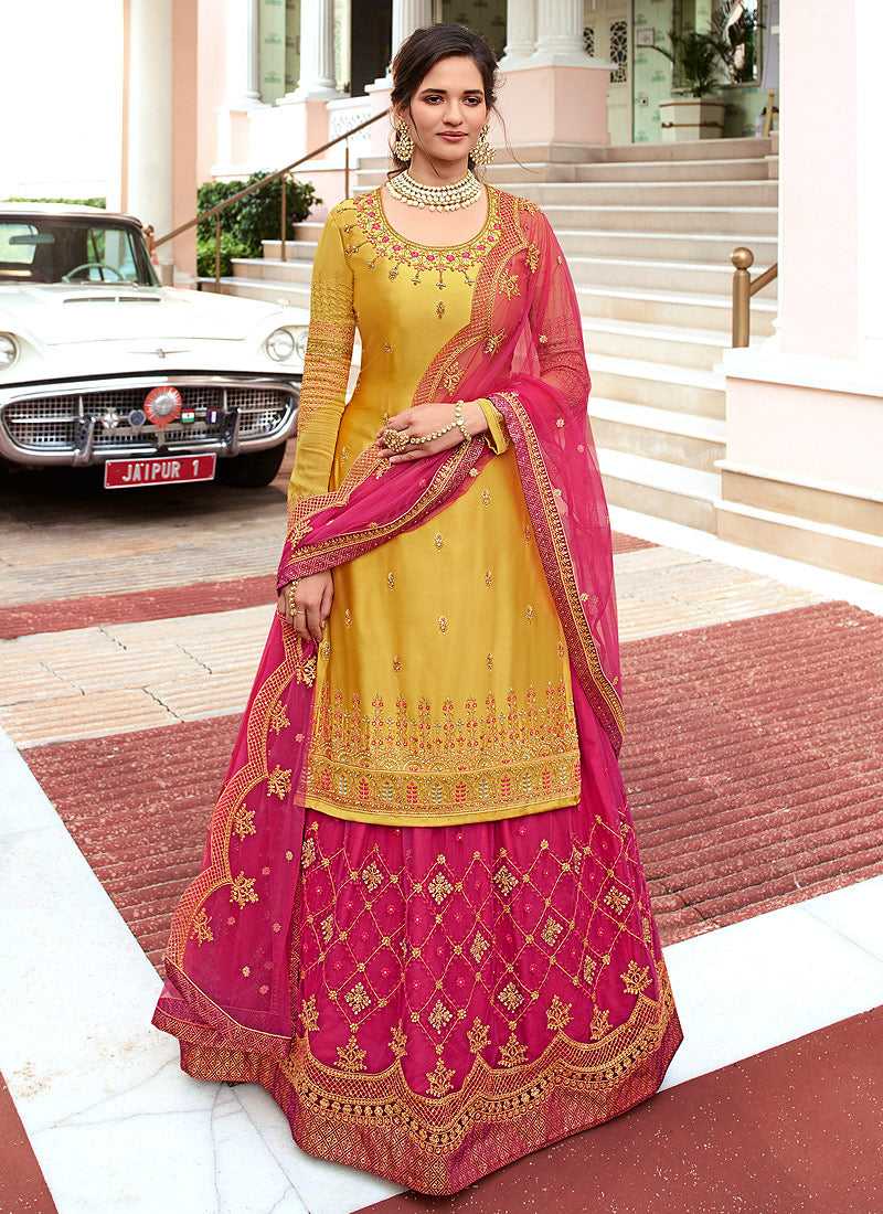 Yellow and Pink Heavy Embroidered Lehenga/ Pant Style Suit Yellow / Zari / Georgette