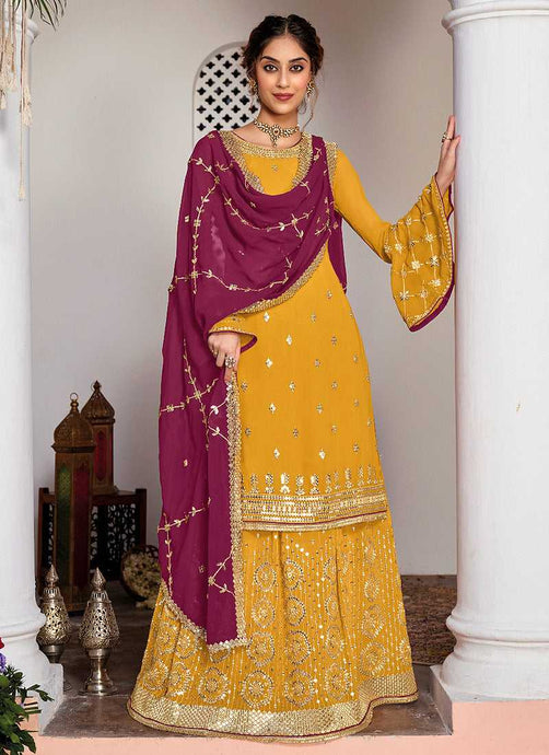 Yellow and Purple Heavy Embroidered Sharara Suit fashionandstylish.myshopify.com